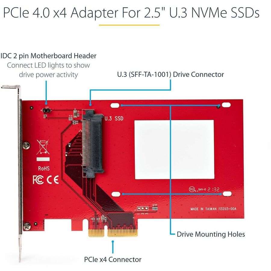 StarTech.com U.3 to PCIe Adapter Card, PCIe 4.0 x4 Adapter For 2.5" U.3 NVMe SSDs, SFF-TA-1001 PCI Express Add-in Card, TAA Compliant
