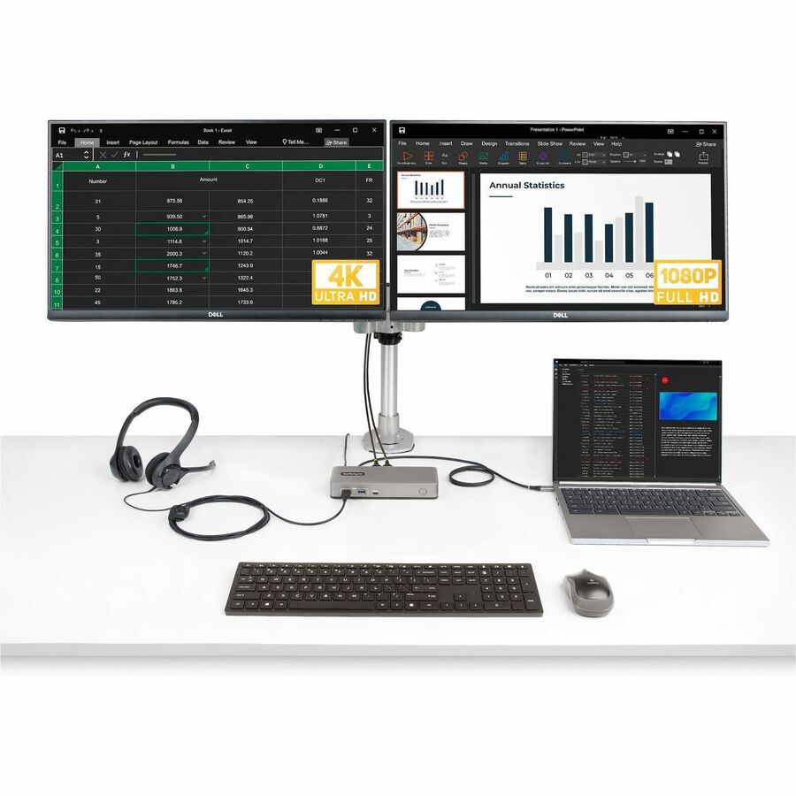 Station d'accueil USB-C StarTech.com pour deux écrans, DisplayPort et HDMI/VGA, jusqu'à 4K 60 Hz, station d'accueil USB-C, hub USB 7x, alimentation 85 W