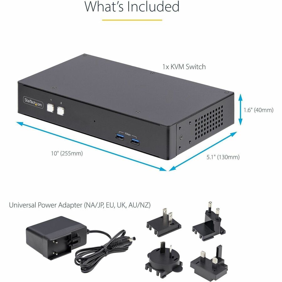 StarTech.com 2-Port Dual-Monitor DisplayPort KVM Switch, RS232 Serial Control, 4K 60Hz, 2x USB 5Gbps Hub Ports, TAA Compliant