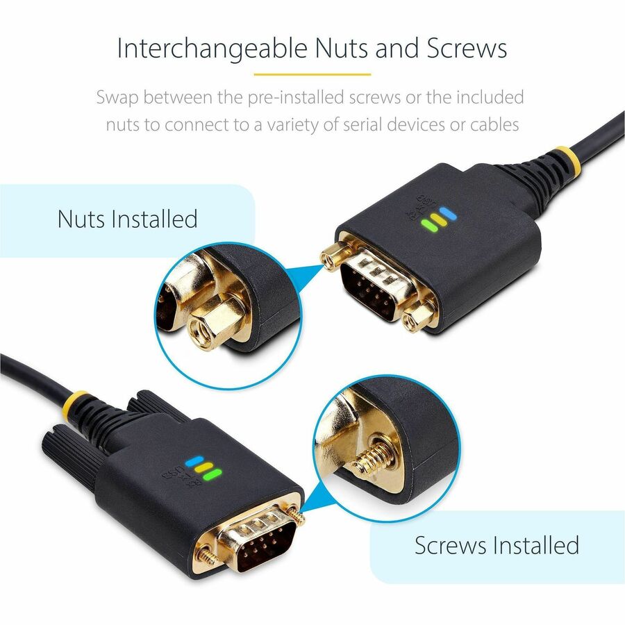 StarTech.com 10ft (3m) USB to Serial Adapter Cable, COM Retention, FTDI, DB9 RS232, Interchangeable DB9 Screws/Nuts, Windows/macOS/Linux