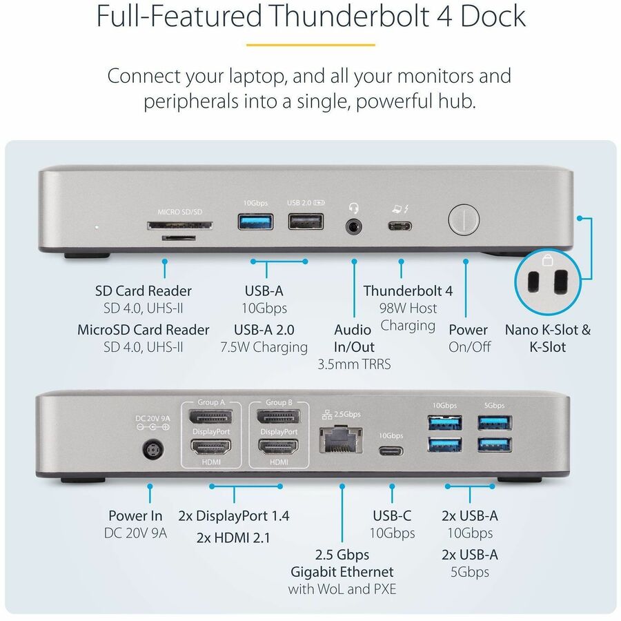 StarTech.com Universal USB4 & Thunderbolt 4 Docking Station, 98W Quad/Triple/Dual Display Dock with HDMI/DP for Macbook / Windows