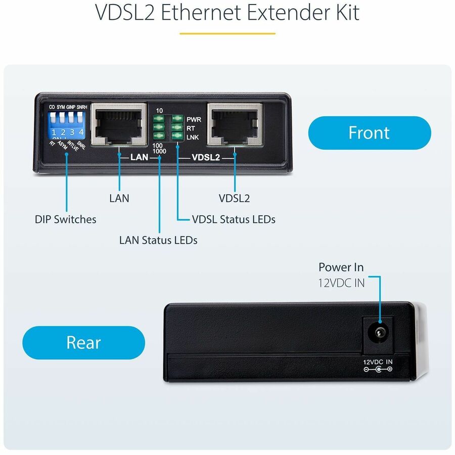 StarTech.com VDSL2 Ethernet Extender Kit over Single Pair Wire, Up to 0.6mi (1km) LAN Repeater over RJ11/CAT5e/CAT6, Replaces 110VDSLEXT