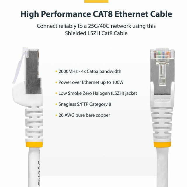StarTech.com 10ft White CAT8 Ethernet Cable, Snagless RJ45, 25G/40G 2000MHz, 100W PoE, S/FTP, 26AWG Pure Bare Copper, LSZH Network Patch Cord