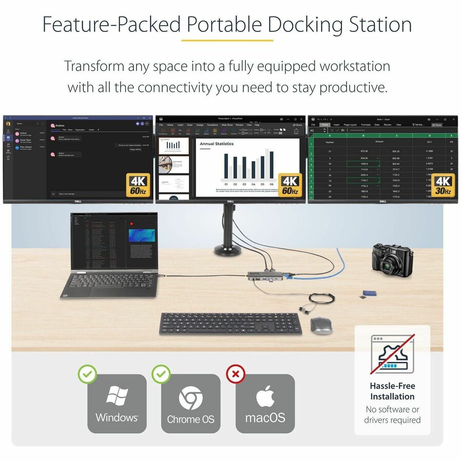 StarTech.com USB-C Triple-Monitor Multiport Adapter, Dual 4K 60Hz + 4K 30Hz HDMI & DP, 4x USB-A, 100W PD Pass-Through, GbE, SD Card Reader
