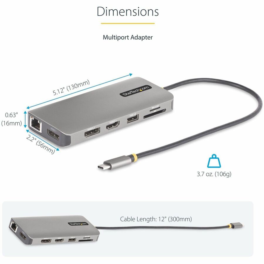 StarTech.com USB-C Triple-Monitor Multiport Adapter, Dual 4K 60Hz + 4K 30Hz HDMI & DP, 4x USB-A, 100W PD Pass-Through, GbE, SD Card Reader
