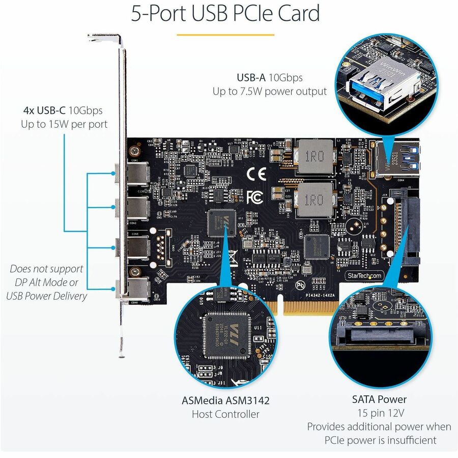 StarTech.com 5-Port USB PCIe Card, USB 3.2 10Gbps, PCI Express Card with 4x USB-C Ports, 1x USB-A Internal Port