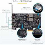 StarTech.com 5-Port USB PCIe Card, USB 3.2 10Gbps, PCI Express Card with 4x USB-C Ports, 1x USB-A Internal Port
