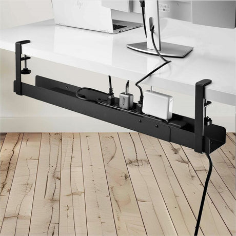 StarTech.com Under Desk Cable Management Tray, Length Adjustable, Clamp-On Installation, No Drilling Required, Black