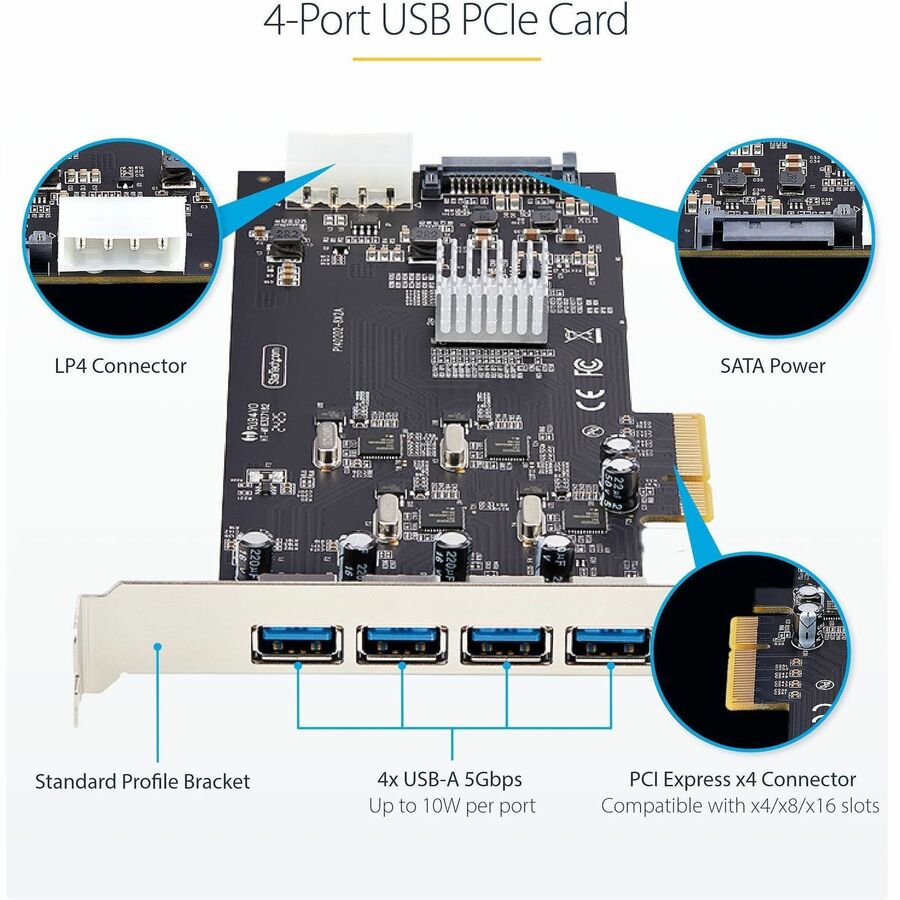 StarTech.com 4-Port USB PCIe Card, USB 3.2 5Gbps, PCI Express Expansion Card with 4x Independent USB Controllers, 4x USB-A Ports