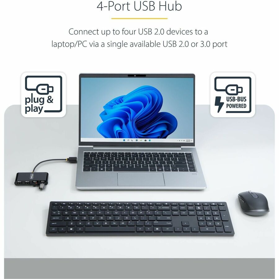 StarTech.com Hub USB 2.0 4 ports, alimenté par bus USB, mini hub USB de voyage, répartiteur USB 2.0 multiport, hub USB portable, 480 Mbit/s