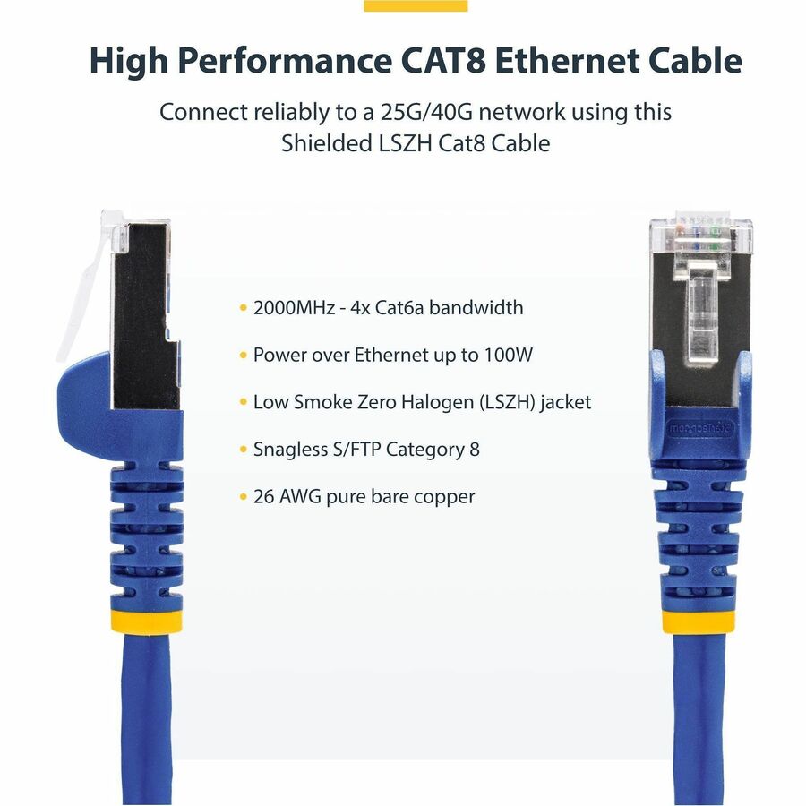 StarTech.com 6in Blue CAT8 Ethernet Cable, Snagless RJ45, 25G/40G 2000MHz, 100W PoE, S/FTP, 26AWG Pure Bare Copper, LSZH Network Patch Cord