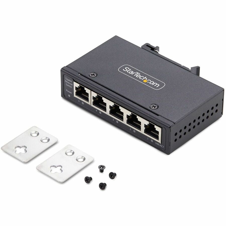 StarTech.com 5-Port Unmanaged Industrial Network Switch, 10/100/1000 Ethernet, DIN Rail/Wall-Mount, IP30 Rated, -40F-167F, 9~60V DC, TAA 