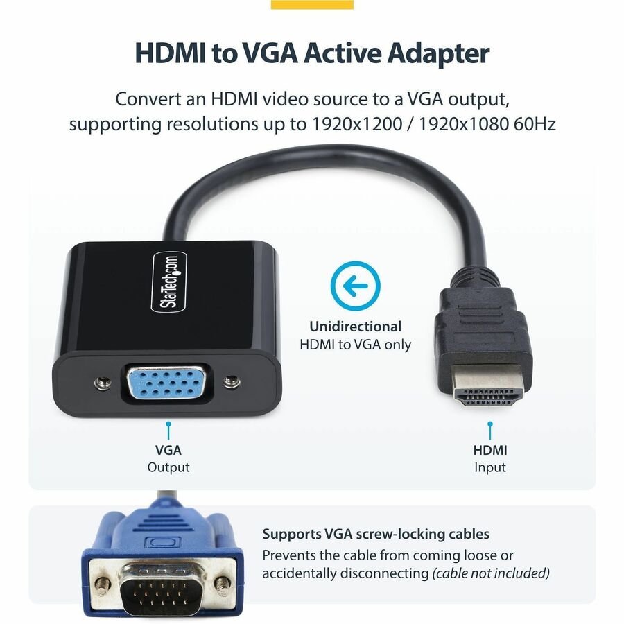 StarTech.com HDMI to VGA Adapter, Active Video Converter For Laptop/Desktop, 1920x1080 (1080p), HDMI Source to VGA Monitor/Display