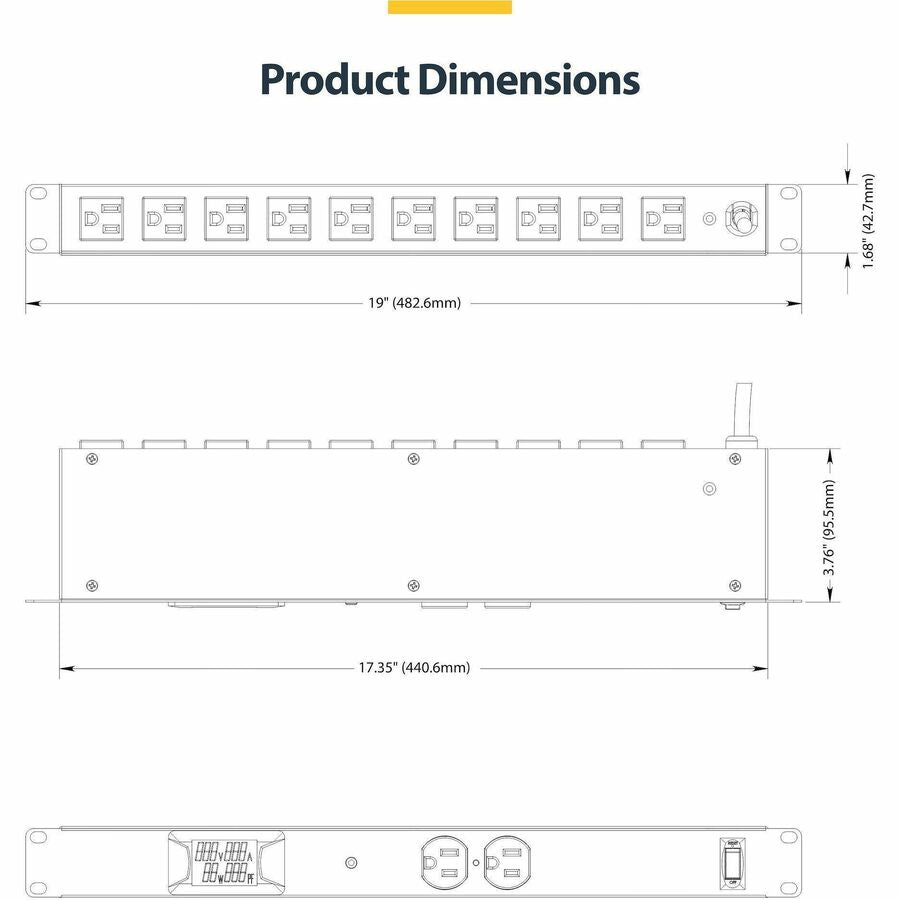 StarTech.com 12-Outlet Horizontal Rack Mount Metered PDU, 1U Server Power Strip w/Surge Protector, 125V/15A, 8ft (2.4m) Power Cord, TAA