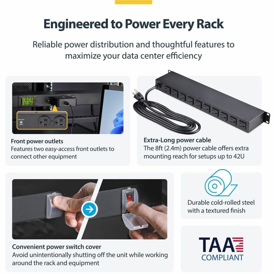 StarTech.com 12-Outlet Horizontal Rack Mount Metered PDU, 1U Server Power Strip w/Surge Protector, 125V/15A, 8ft (2.4m) Power Cord, TAA