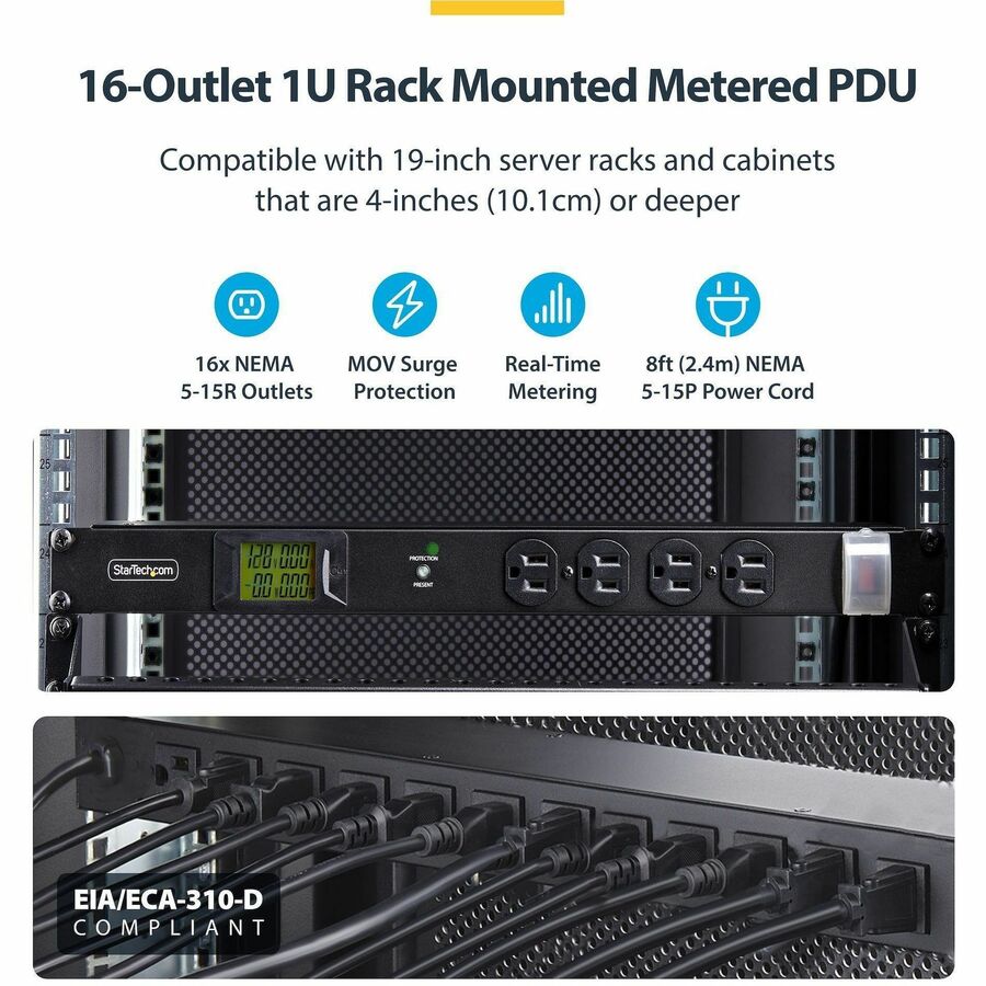 StarTech.com 16-Outlet Horizontal Rack Mount Metered PDU, 1U Server Power Strip w/Surge Protector, 125V/15A, 8ft (2.4m) Power Cord, TAA