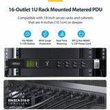 StarTech.com 16-Outlet Horizontal Rack Mount Metered PDU, 1U Server Power Strip w/Surge Protector, 125V/15A, 8ft (2.4m) Power Cord, TAA