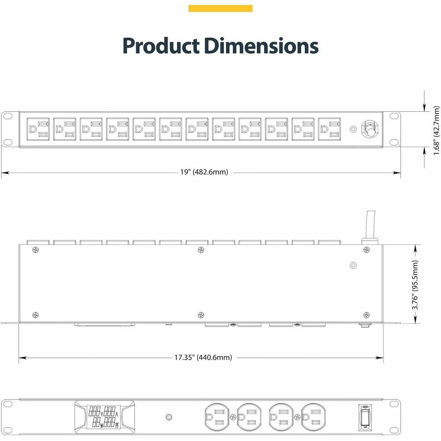 StarTech.com 16-Outlet Horizontal Rack Mount Metered PDU, 1U Server Power Strip w/Surge Protector, 125V/15A, 8ft (2.4m) Power Cord, TAA