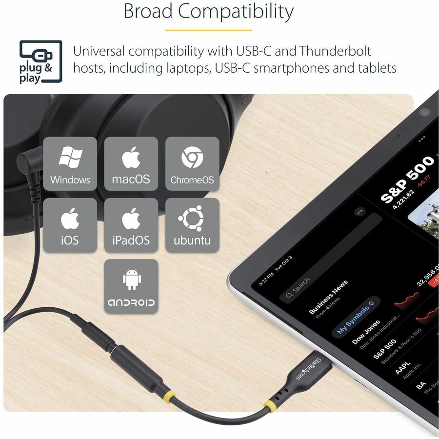 StarTech.com 5in (12.7cm) USB-C Audio Adapter to 3.5mm Headphone/Headset Jack, USB Type-C Aux Dongle, 32-bit DAC, For Laptop/Phone/Tablet