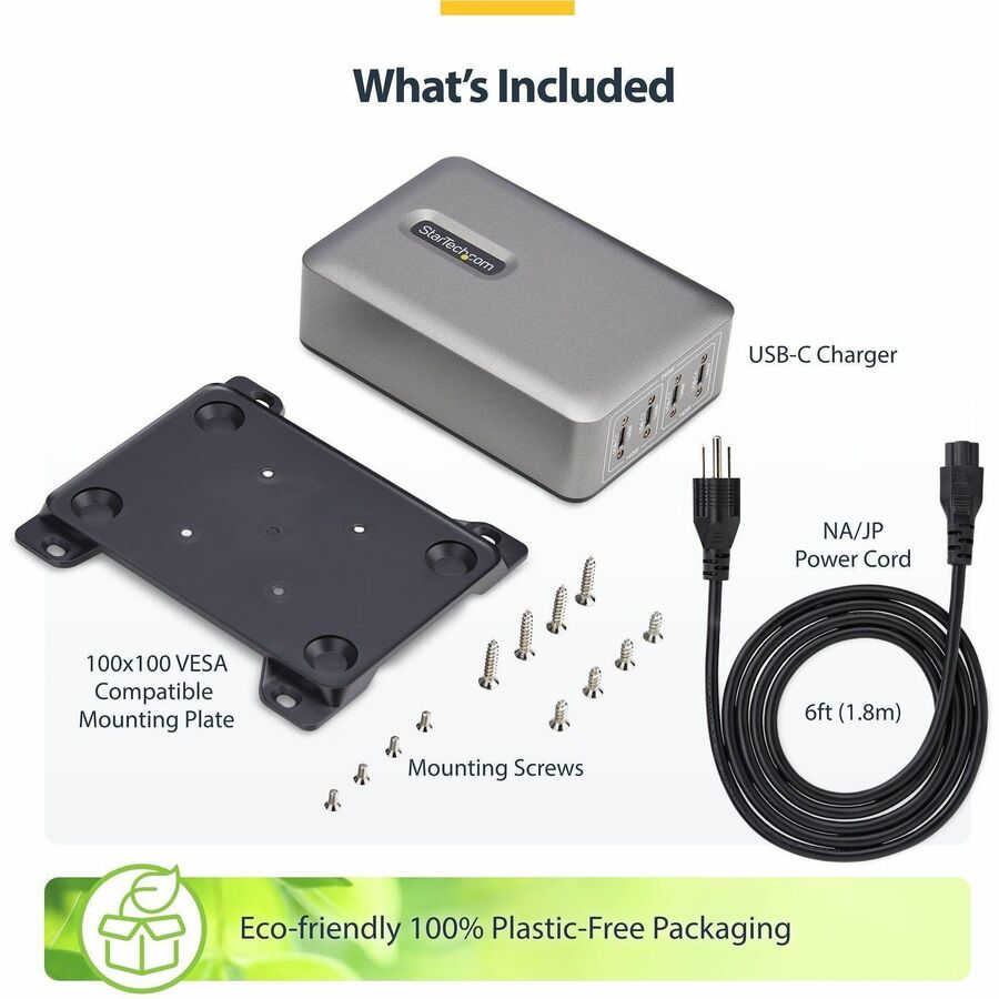 StarTech.com 4-Port Multi-Device USB-C Charger, 240W Total, Single Port 140W EPR, Screw Locking Ports, Ideal for Boardrooms