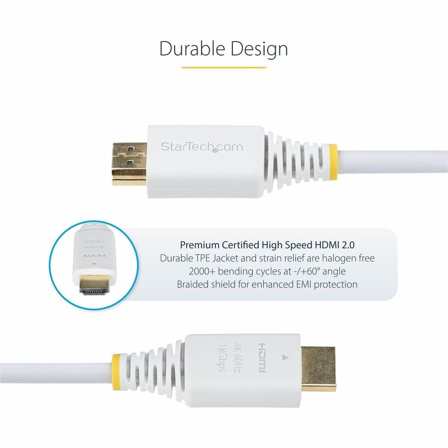 StarTech.com 10ft (3m) Premium Certified High Speed HDMI Cable, 4K 60Hz/1440p 144Hz, 18Gbps, UHD HDMI 2.0 Cord, TPE Jacket, White