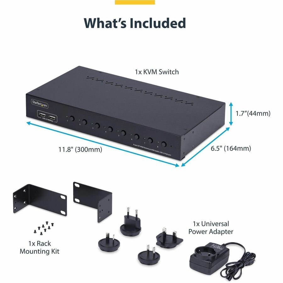 StarTech.com 8-Port DisplayPort KVM Switch with 1U Rack Mount Kit, 4K 60Hz DP 1.2, Push-Button & Hotkey Switching, TAA Compliant