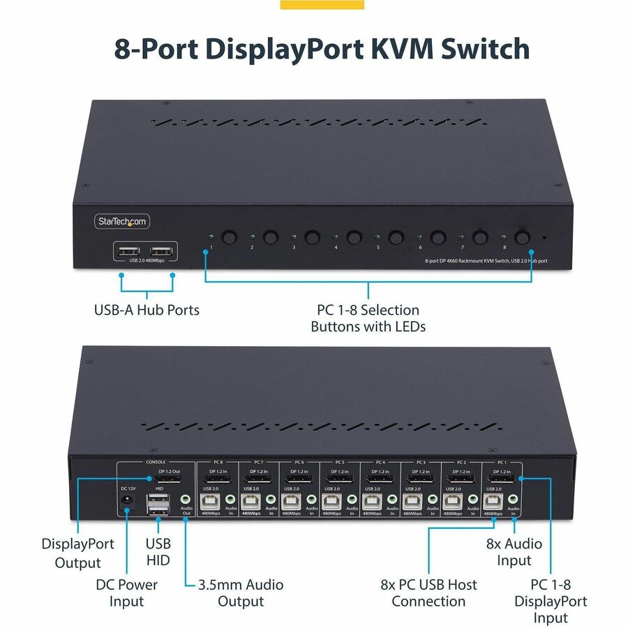 StarTech.com 8-Port DisplayPort KVM Switch with 1U Rack Mount Kit, 4K 60Hz DP 1.2, Push-Button & Hotkey Switching, TAA Compliant