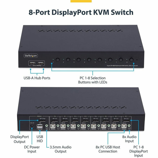 StarTech.com 8-Port DisplayPort KVM Switch with 1U Rack Mount Kit, 4K 60Hz DP 1.2, Push-Button & Hotkey Switching, TAA Compliant
