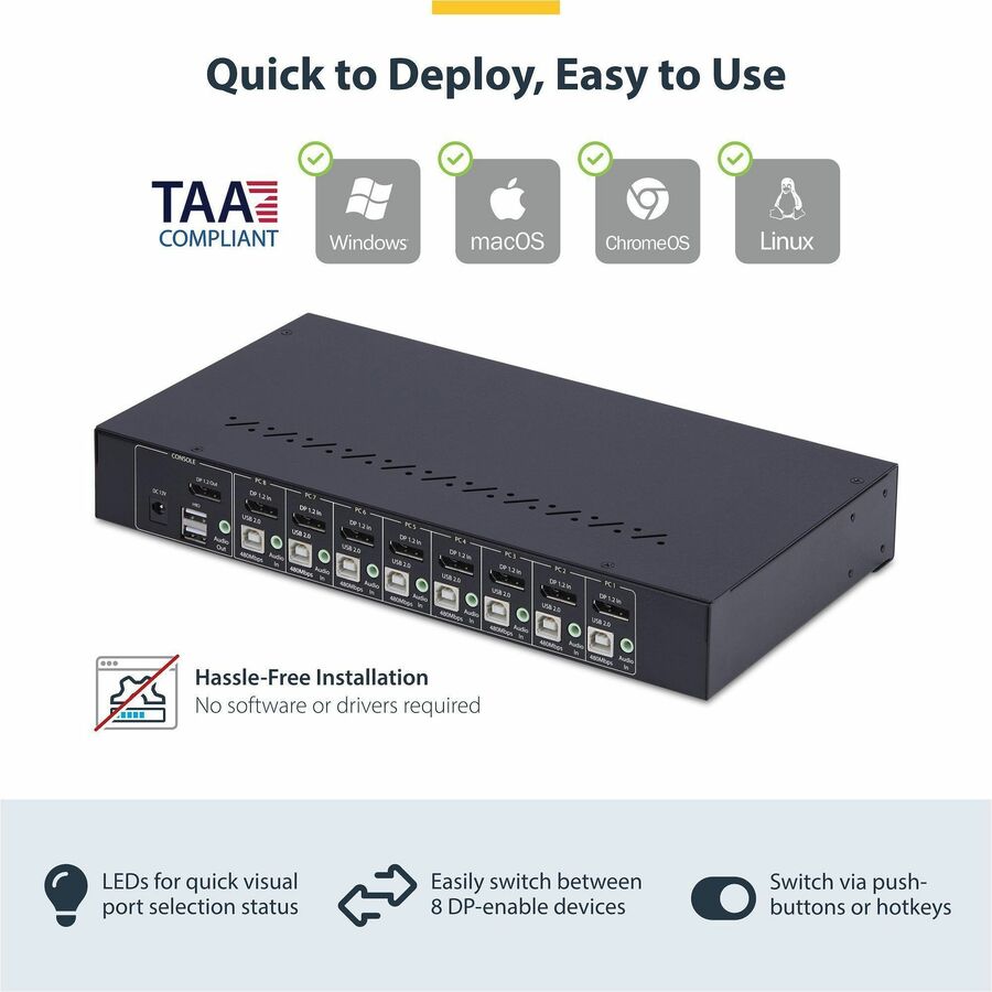 StarTech.com 8-Port DisplayPort KVM Switch with 1U Rack Mount Kit, 4K 60Hz DP 1.2, Push-Button & Hotkey Switching, TAA Compliant