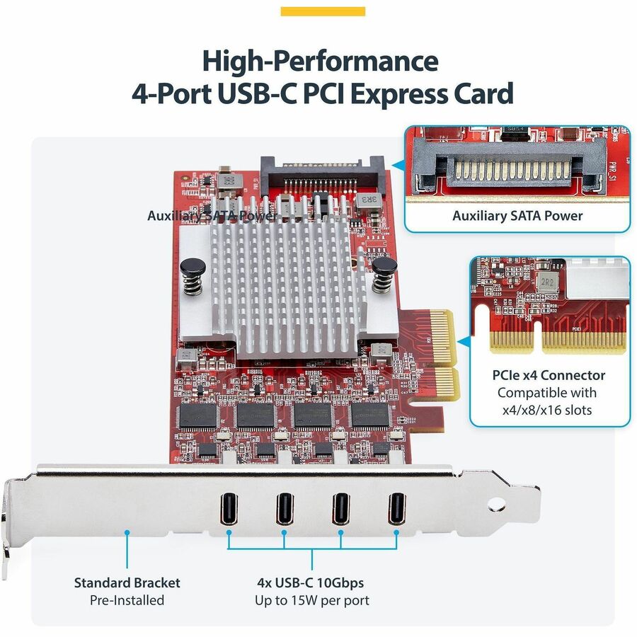 StarTech.com 4-Port USB Type-C PCIe Card, USB 3.2 10Gbps, USB-C PCI Express Expansion Card, 4x Independent USB Controllers, TAA-Compliant