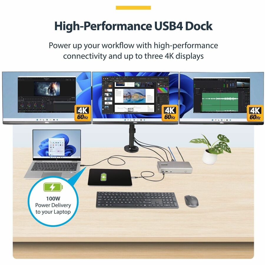 StarTech.com Triple-Monitor USB4 Docking Station, 4K 60Hz HDMI or DisplayPort, 6x USB Hub, 2.5GbE, 100W Charging, Driverless USB-C Dock