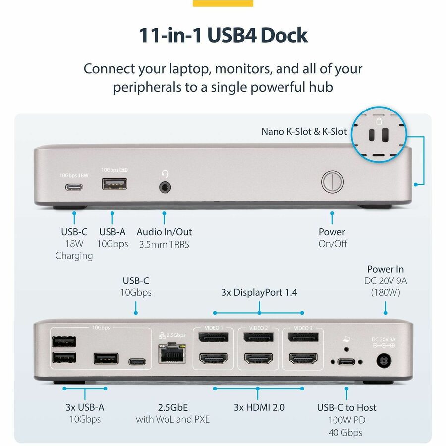 StarTech.com Triple-Monitor USB4 Docking Station, 4K 60Hz HDMI or DisplayPort, 6x USB Hub, 2.5GbE, 100W Charging, Driverless USB-C Dock