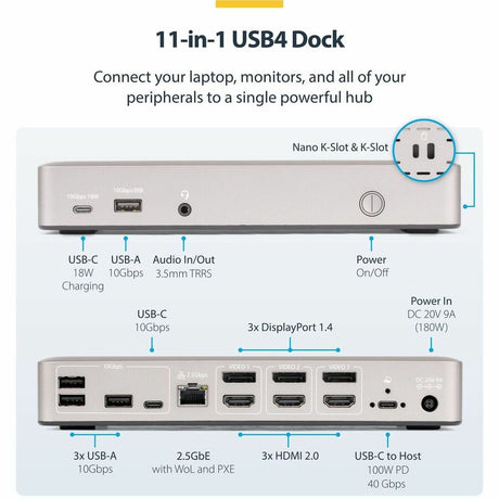 StarTech.com Triple-Monitor USB4 Docking Station, 4K 60Hz HDMI or DisplayPort, 6x USB Hub, 2.5GbE, 100W Charging, Driverless USB-C Dock