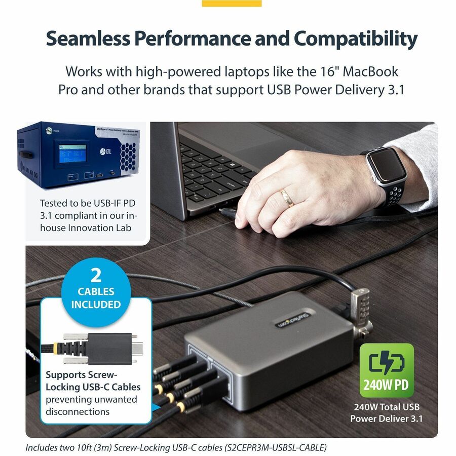 StarTech.com 4-Port Multi-Device USB-C Charger, 240W Total, 1-Port 140W EPR, Screw Locking Ports, Ideal for Boardrooms, 2x 10ft Cable Incl